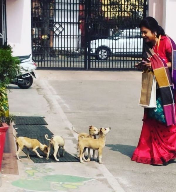 Malini Awasthi while feeding the street dogs
