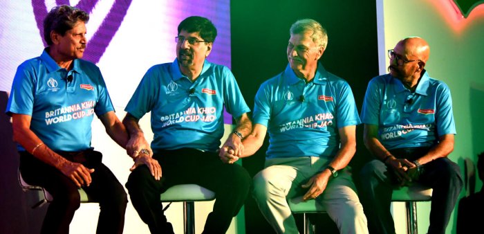 Srikkanth with Kapil Dev, Roger Binny, and Syed Kirmani at the press conference in Bengaluru, Karnataka