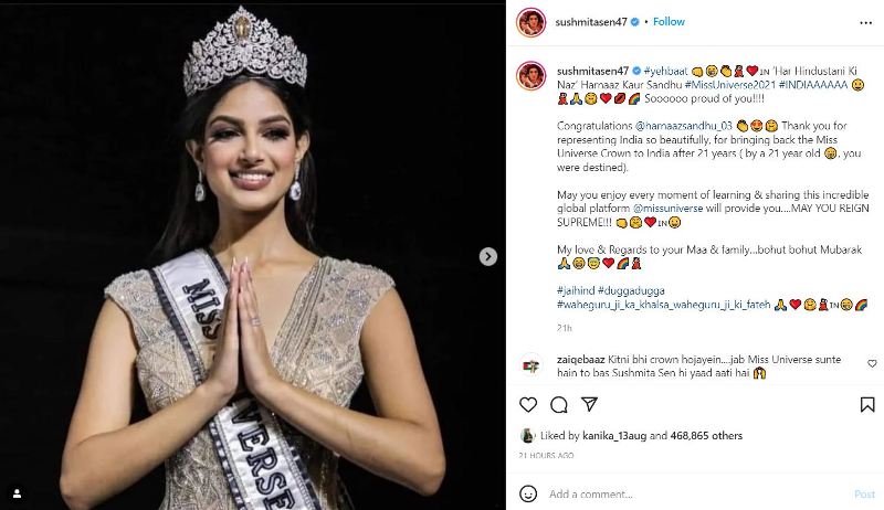 Sushmita Sen's Instagram post congratulating Harnaaz Sandhu for winning the Miss Universe 2021