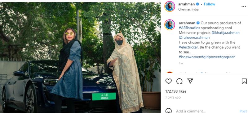 An Instagram post of A R Rahman about his daughters who purchased a Porsche electric car