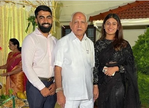 Dr. Soundarya Neeraj with her husband, Neeraj, and grandfather B S Yediyurappa