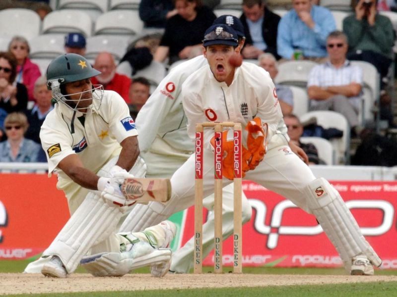 Mohammad Hafeez sweeps for his 95 against England in 2006