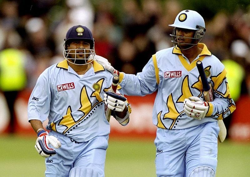 Rahul Dravid and Sachin Tendulkar after a world record partnership on 23 May 1999