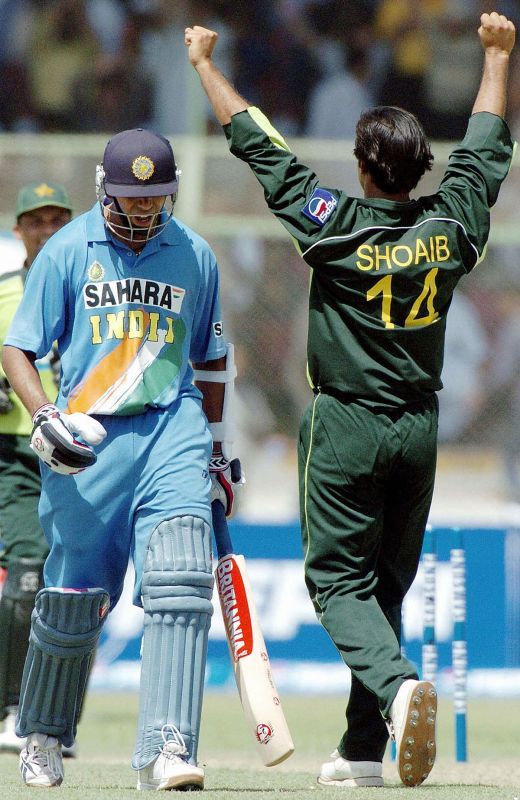 Rahul Dravid departing after getting bowled by Shoaib Akhtar on 13 March 2004 against Pakistan
