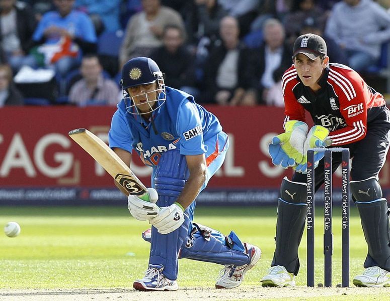 Rahul Dravid hitting a shot in his final ODI match against England on 16 September 2011