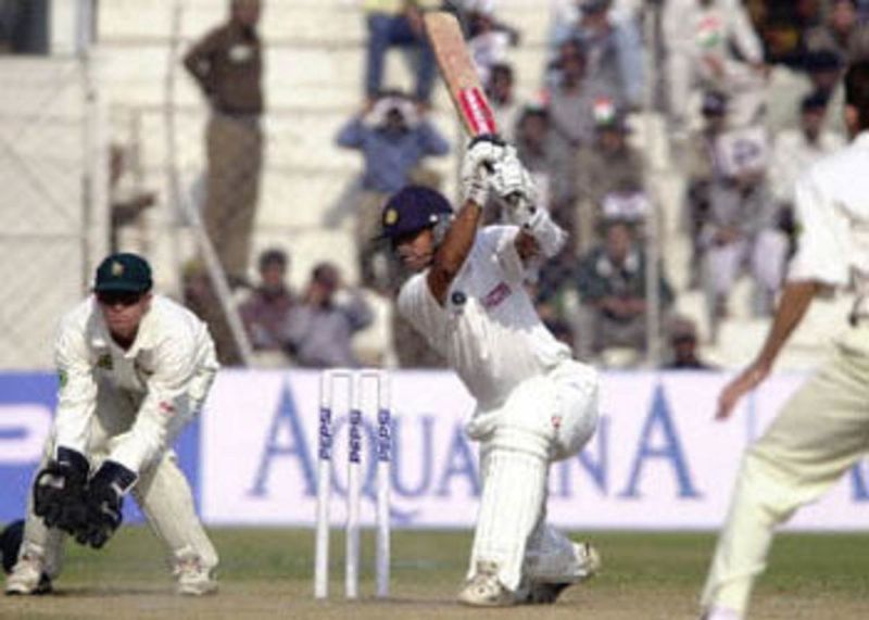 Rahul Dravid playing a cover drive for his 200 runs in a Test match on 18 November 2000