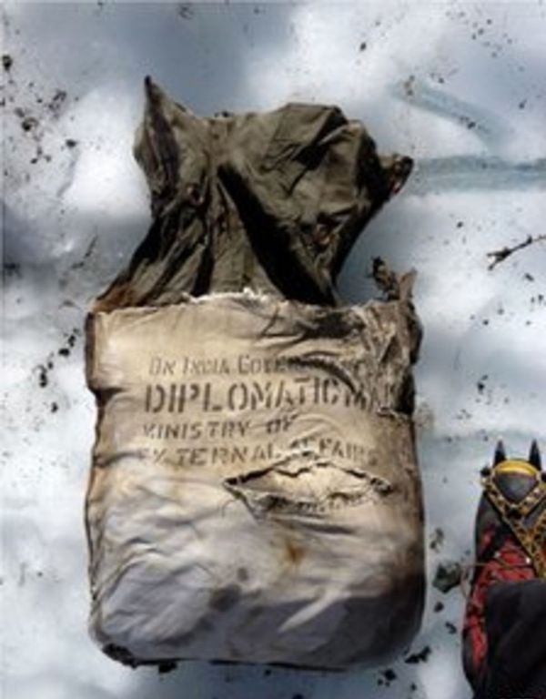 The picture of the bag that was recovered from the aeroplane crash site which contained mail from India's foreign ministry