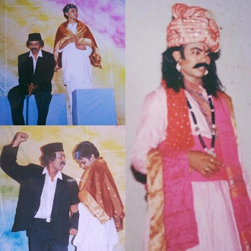 A collage of Abhishek Khandekar performing in a theatre play
