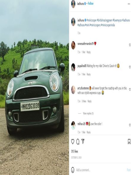 A picture of her Minicooper posted by Adhuna Akhtar on her Instagram account