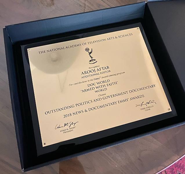 Arooj Aftab's News & Documentary Emmy Award (2018) for her work as an additional editor for the film Armed with Faith' (2017) 