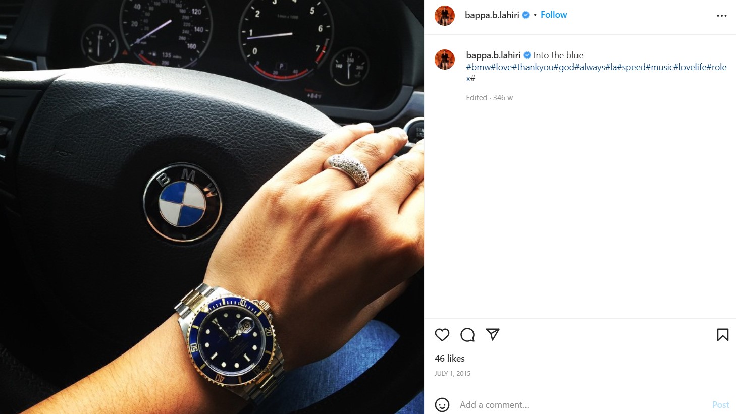 Bappa Lahiri Instagram post about BMW car