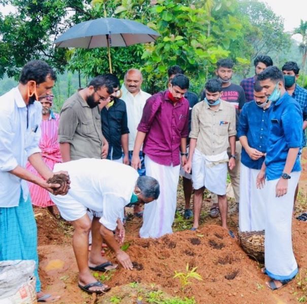 K. M. Sachin Dev with his team during a plantation drive arranged in their city