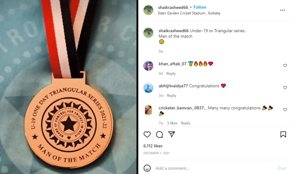 Shaik Rasheed's Instagram post about winning the man of the match in the Under-19 Triangular series