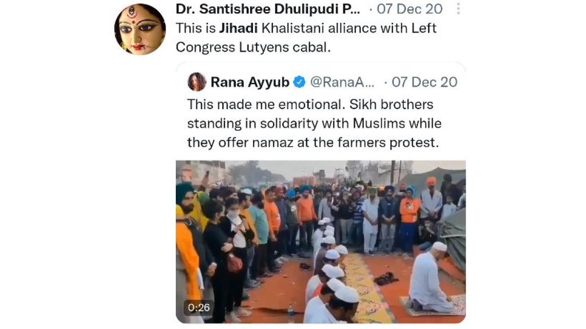 Santishree Dhulipudi Pandit tweet against Sikhs who were backing up Namaz-offering Muslims during the 2020–2021 Indian farmers' protest