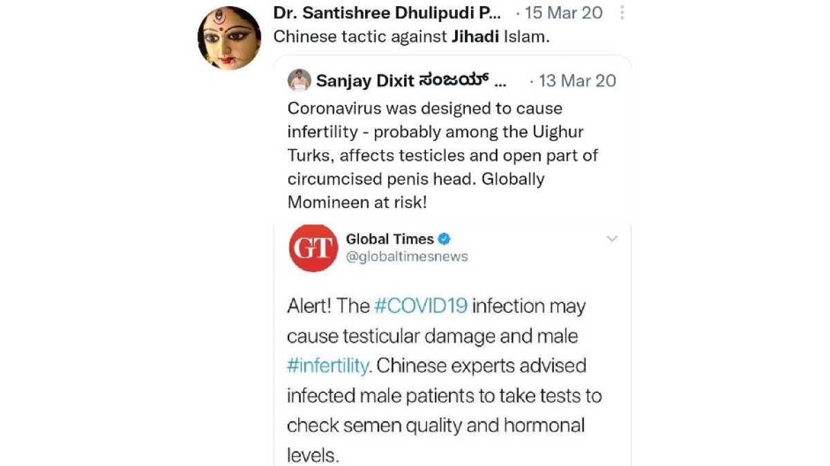 Santishree Dhulipudi Pandit's tweet referring to a study indicating a link between Covid-19 infection and testicular damage and infertility in Muslims