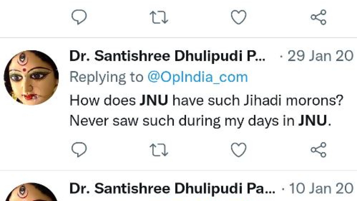Shantisree Dhulipudi Pandit's tweet, posted on 29 January 2020, targeting Muslim students at Jawaharlal Nehru University (JNU)