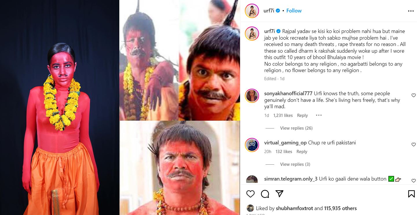 Urfi Javed's Instagram post about receiving death and rape threats