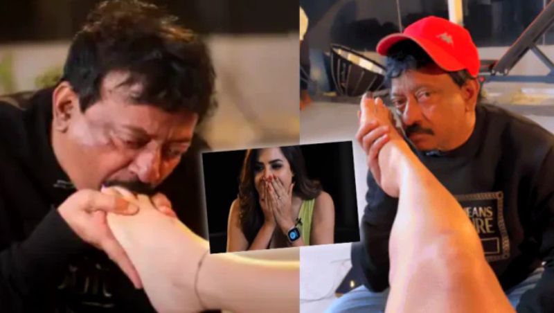 A collage of snips from the video in which Ram Gopal Varma was seen licking Ashu Reddy's feet