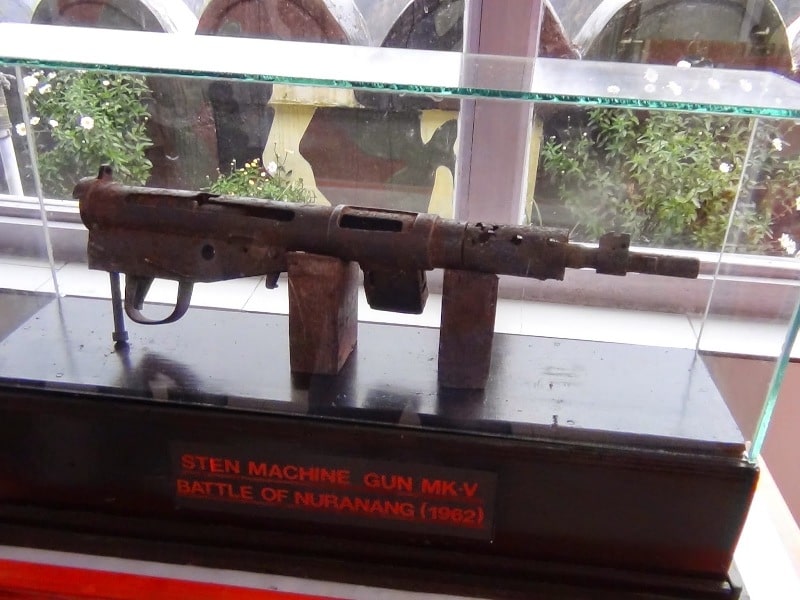 A sten machine gun mark 5 used by Indian troops during the Battle of Nuranang, 1962.