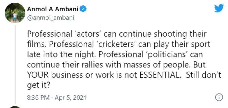 Anmol Ambani's tweet