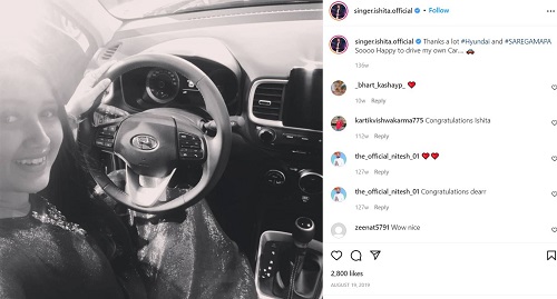 Ishita Vishwakarma's Instagram post about her car