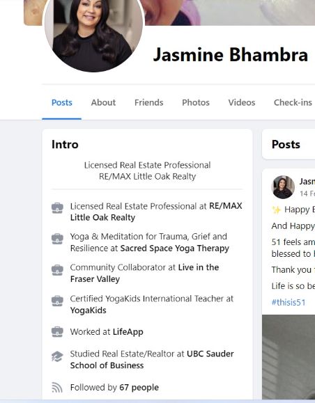 A snip of Jasmine Bhambra's Facebook account showing her education