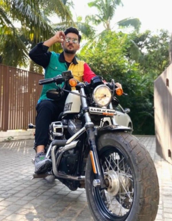 RJ Aabhimanyu on his Harley Davidson bike