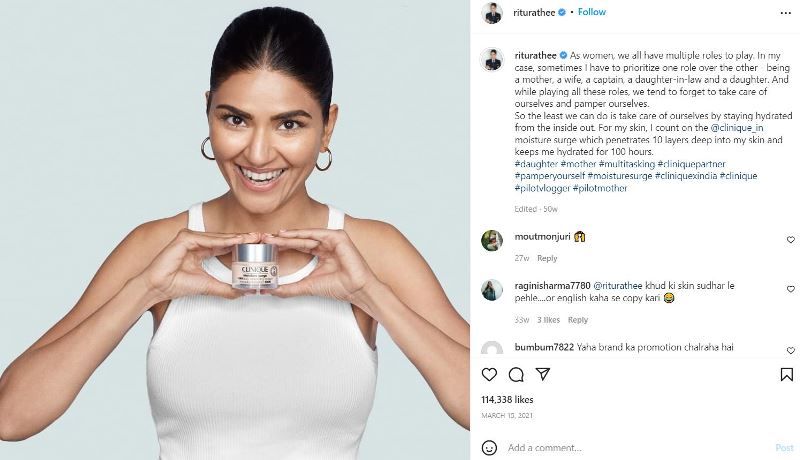 Ritu Rathee Taneja's Instagram post promoting the brand Clinique