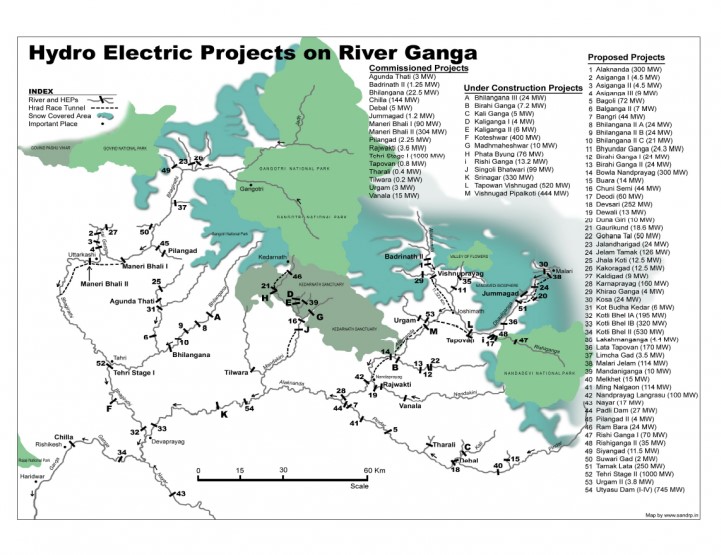 A map of river Ganga's hydrology basin flooded with hydel projects