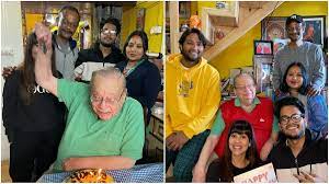 Ruskin Bond celebrating his 87th birthday with his adopted family