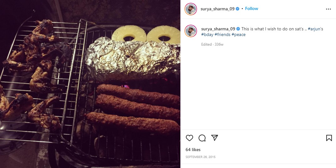 Surya Sharma's Instagram post about his eating habits