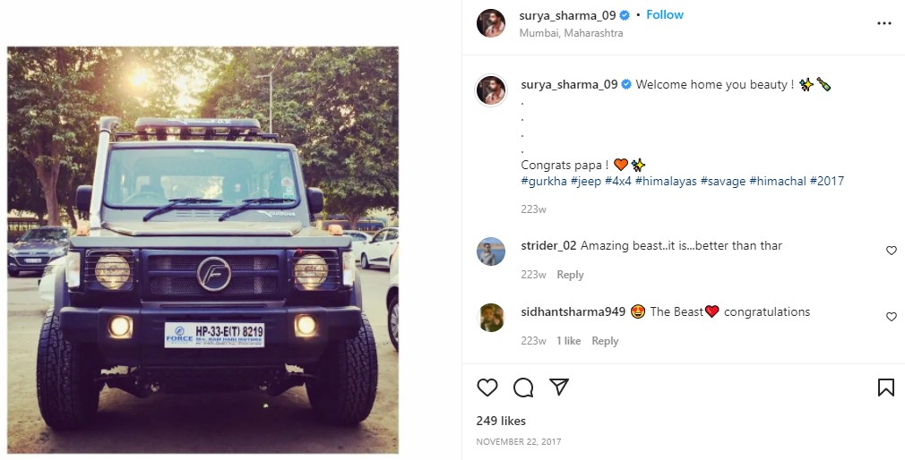 Surya Sharma's Instagram post about his jeep