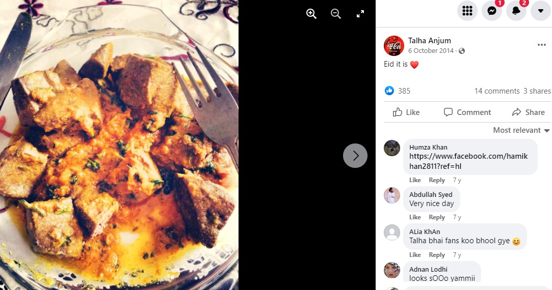 Talhah Anjum's Facebook post about his eating habits