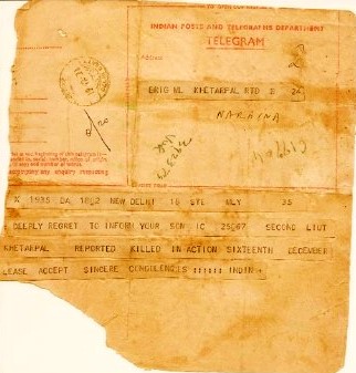 Telegram informing about Second Lieutenant Arun Khetarpal's death.