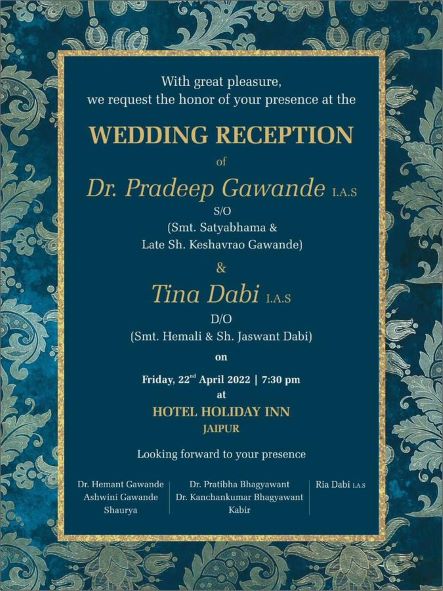 The wedding card of Pradeep Gawande and Tina Dabi