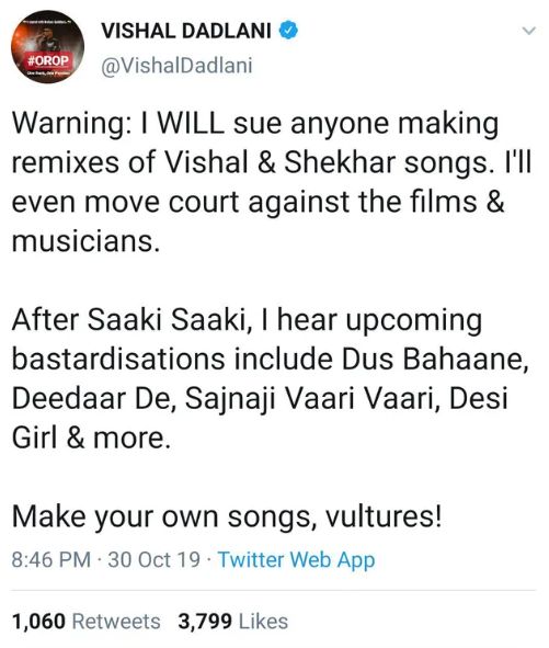 Vishal Dadlani's tweet in which he talks about song remix in Bollywood