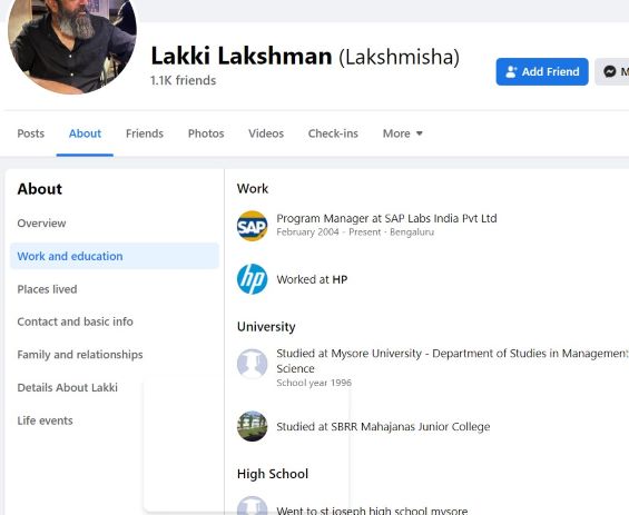 Lakki Lakshman's facebook snip showing his other name