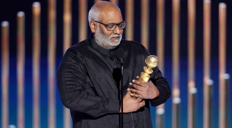 M M Keeravani accepting the Best Original Song award for Naatu Naatu from RRR during the 80th Annual Golden Globe Awards