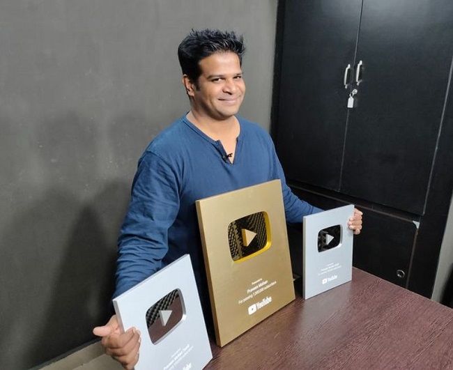 Praveen Mohan received three YouTube buttons for building a community for three of his YouTube channels