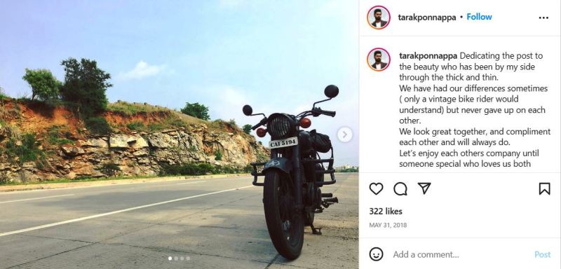 Tarak Ponnappa's Instagram post dedicated to his Royal Enfield bike