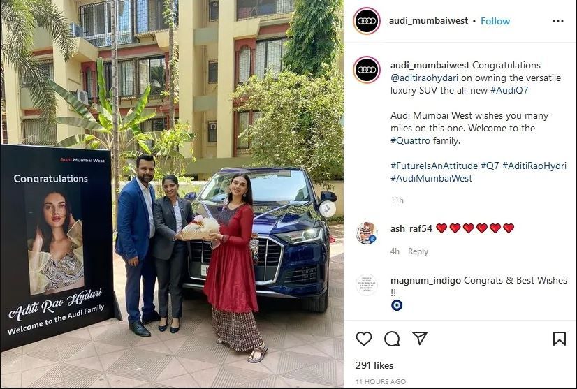 Aditi Rao Hydari in an Instagram post with her brand new car