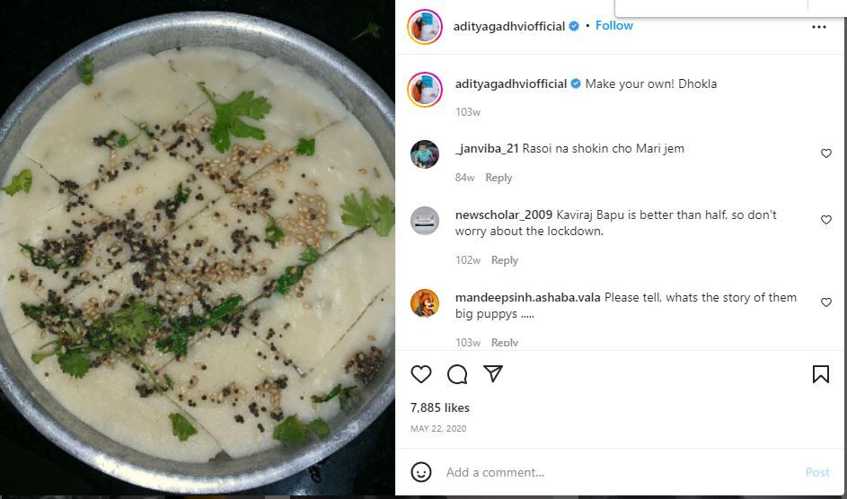 Aditya's Instagram post about his interest in cooking new dishes