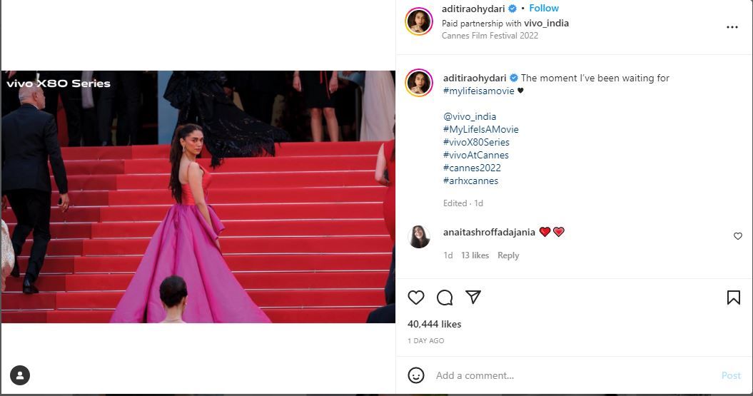 Aditi Rao Hydari's Instagram post showing a glimpse of her debut at Cannes 2022