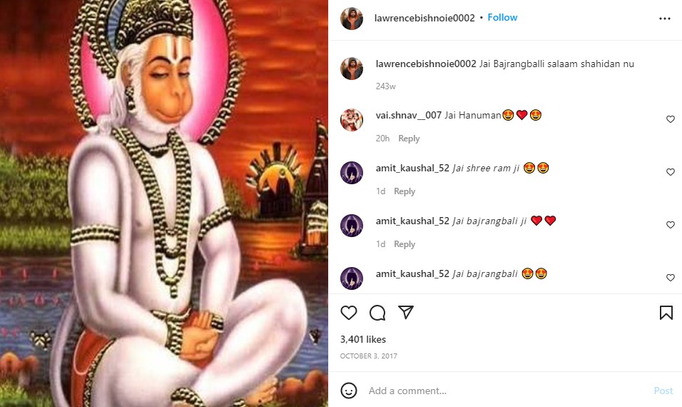Lawrence Bishnoi's Instagram post about his religion