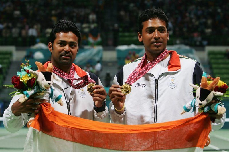Leander Paes and Mahesh Bhupathi with their gold medals for Men’s Doubles at the Doha Asian Games in Doha in 2006