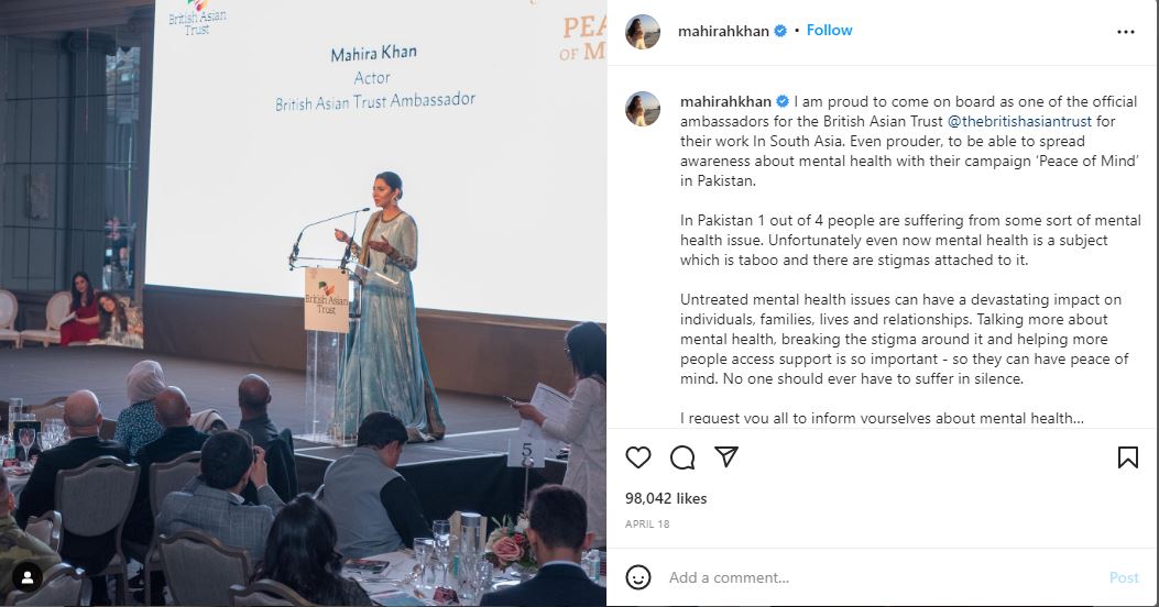 Mahira Khan shared a post on Instagram where she was announced British Asian Trust Ambassador