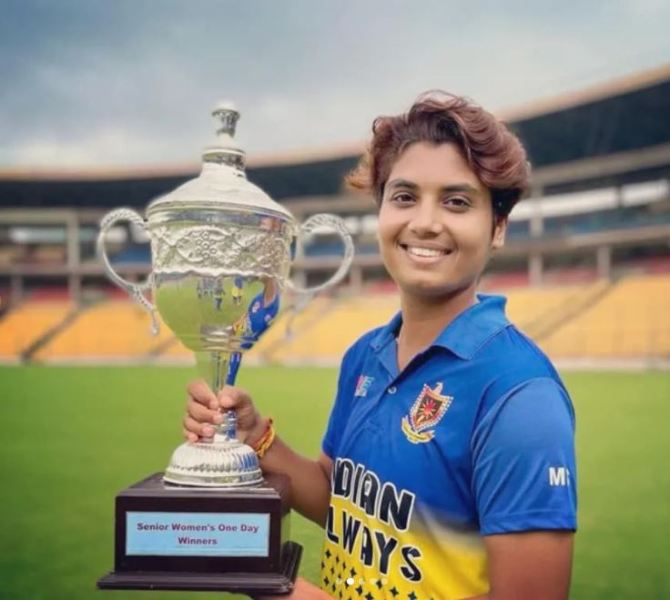 Meghna Singh with the Senior Women's One Day Trophy - 2021-22