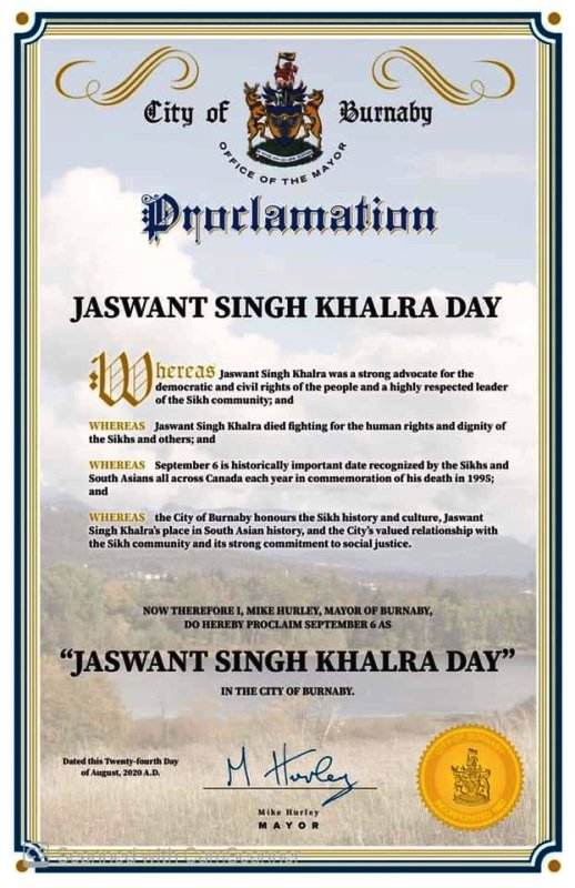 Proclamation of City of Burnaby on 25th Barsi of Jaswant Singh Khalra
