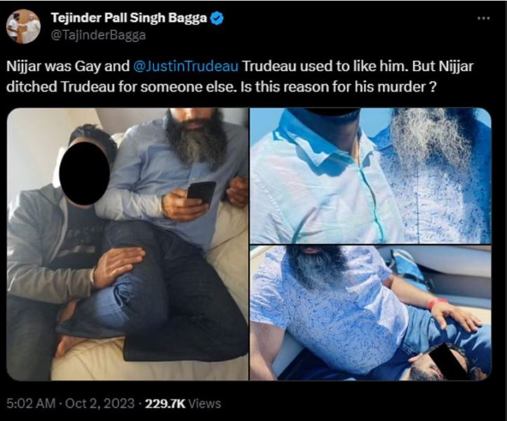 Tajinder Singh Bagga's post on X regarding Justin Trudeau and Hardeep Singh Nijjar