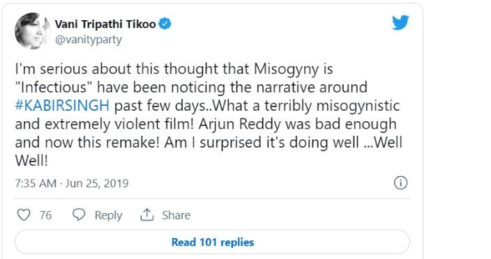 Vani Tripathi's Tweet for the film Kabir Singh in 2019